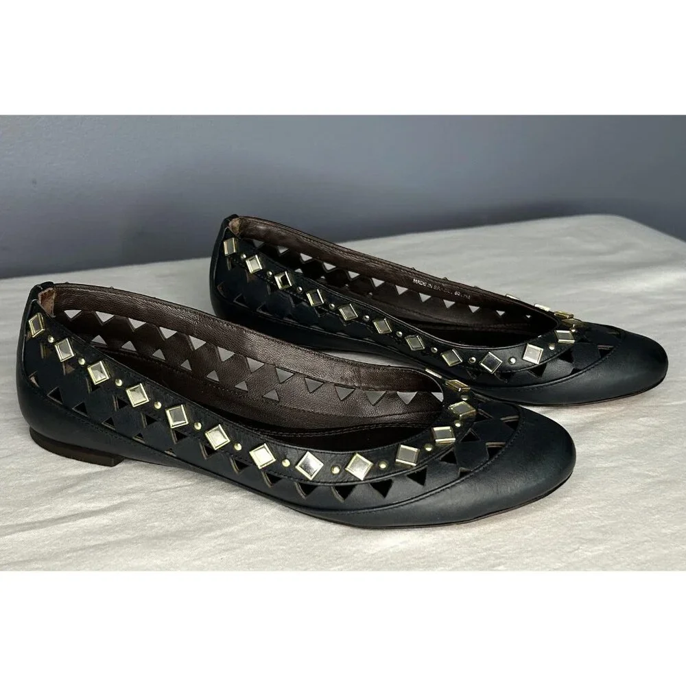 Tory Burch Shoes Womens 7 Black Kingsbridge Leather Ballet Flats Mirrored Cutout